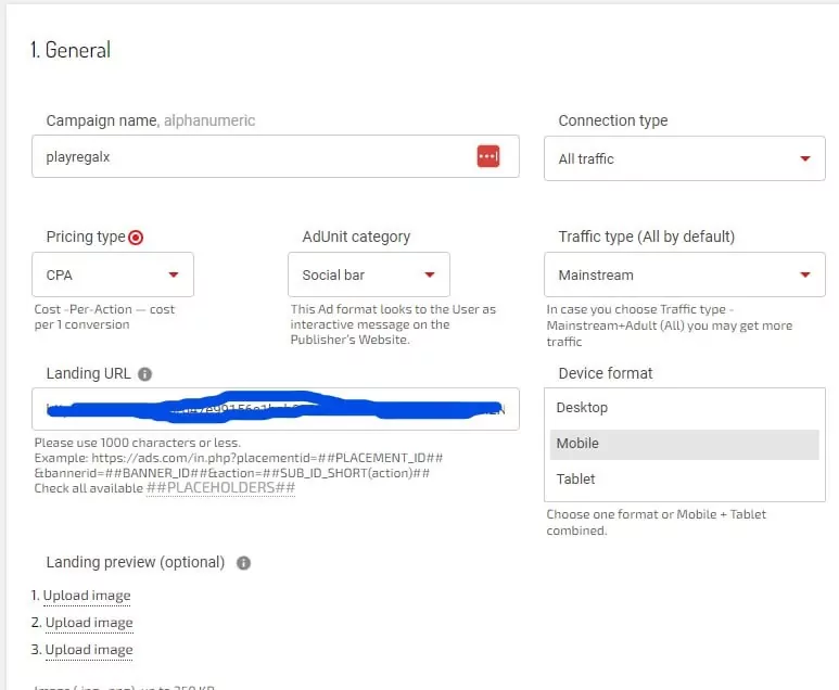 Kampagnenansicht mit allgemeinen Einstellungen