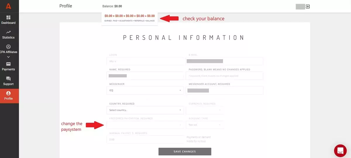 A página de perfil do comerciante afiliado