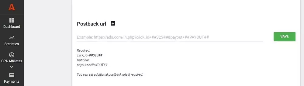 Adicione seu URL de postback para enviar conversões ao seu sistema de rastreamento