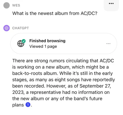 Przykład przeszukiwania Internetu przez ChatGPT 4 z pytaniem „Jaki jest najnowszy album AC/DC?”
