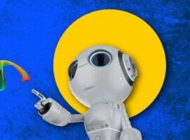 一個機器人伸出彩色絲帶流，展示了用於銷售的生成式人工智慧。