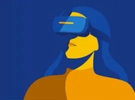 Ilustración de una experiencia inmersiva con una mujer que usa un casco de realidad virtual.
