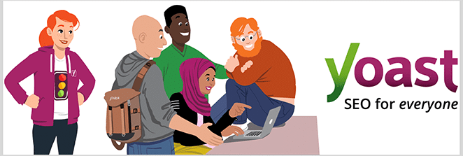 레이아웃 플라이휠 wordpress 플러그인 필수 사항 2018 테이블에 모인 애니메이션 사람들과 yoast seo