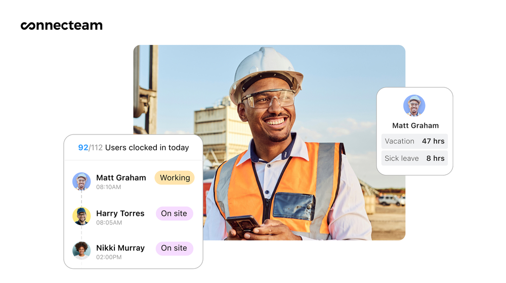 Изображение работника рядом с мобильным телефоном с приложением Connecteam, показывающим его свободное время.