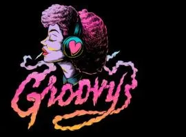 Illustration von UGC-Marketing mit einer schwarzen Frau, die Kopfhörer trägt, und dem Wort „groovy“.