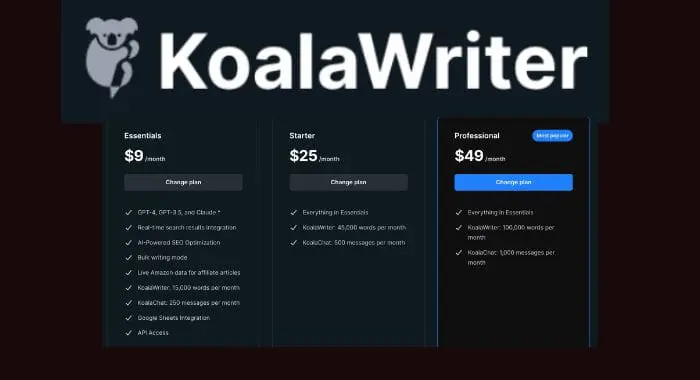Planul de prețuri KoalaWriter