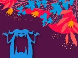 Des accents floraux sur les bords, avec une illustration de monstre bleu, représentant la neutralité carbone des produits de consommation courante et l'éthique d'être honnête quant à la durabilité des produits de consommation.