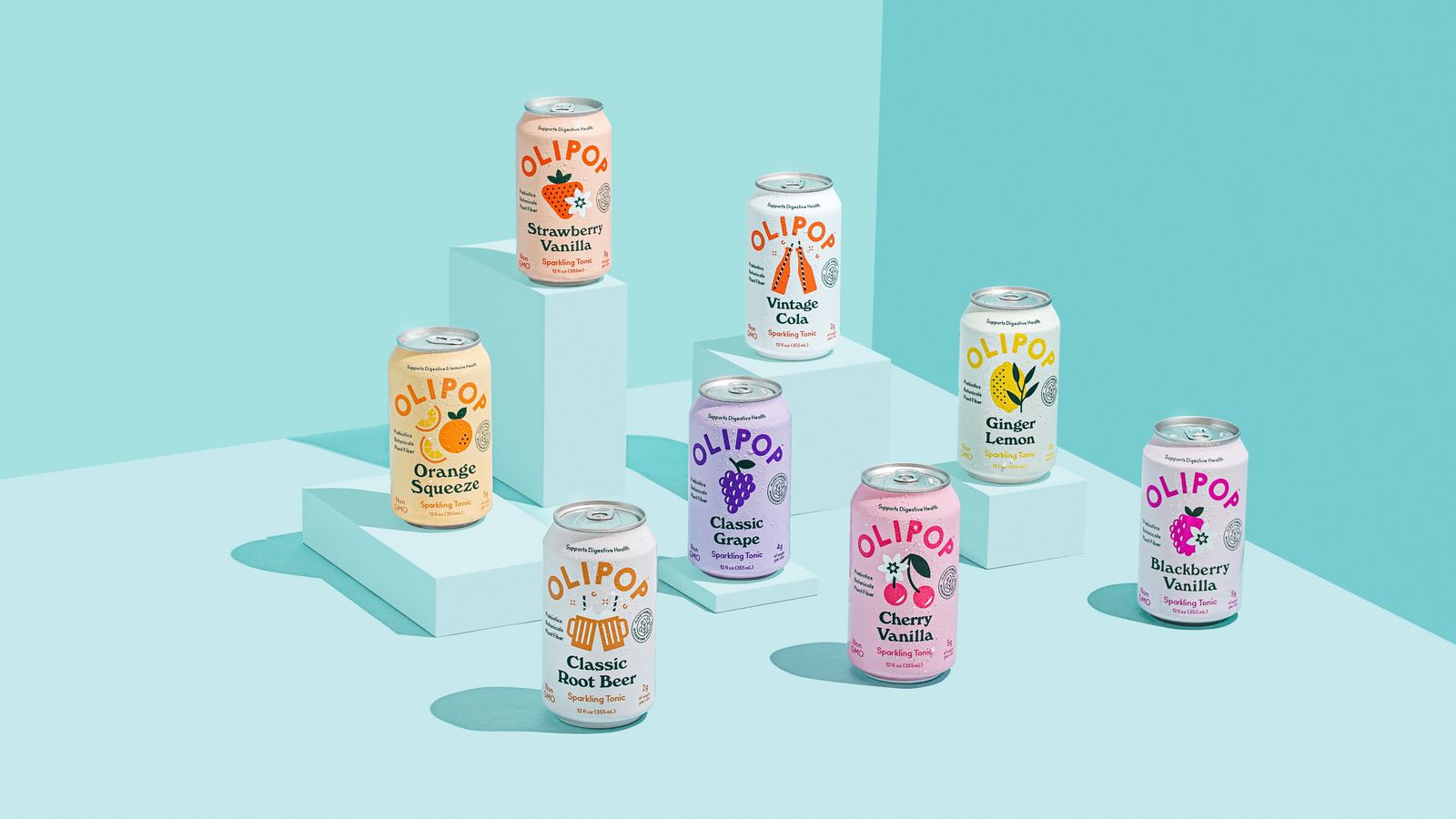 8 罐 Olipop 起泡滋补饮料，有 8 种不同口味，浅蓝色背景。