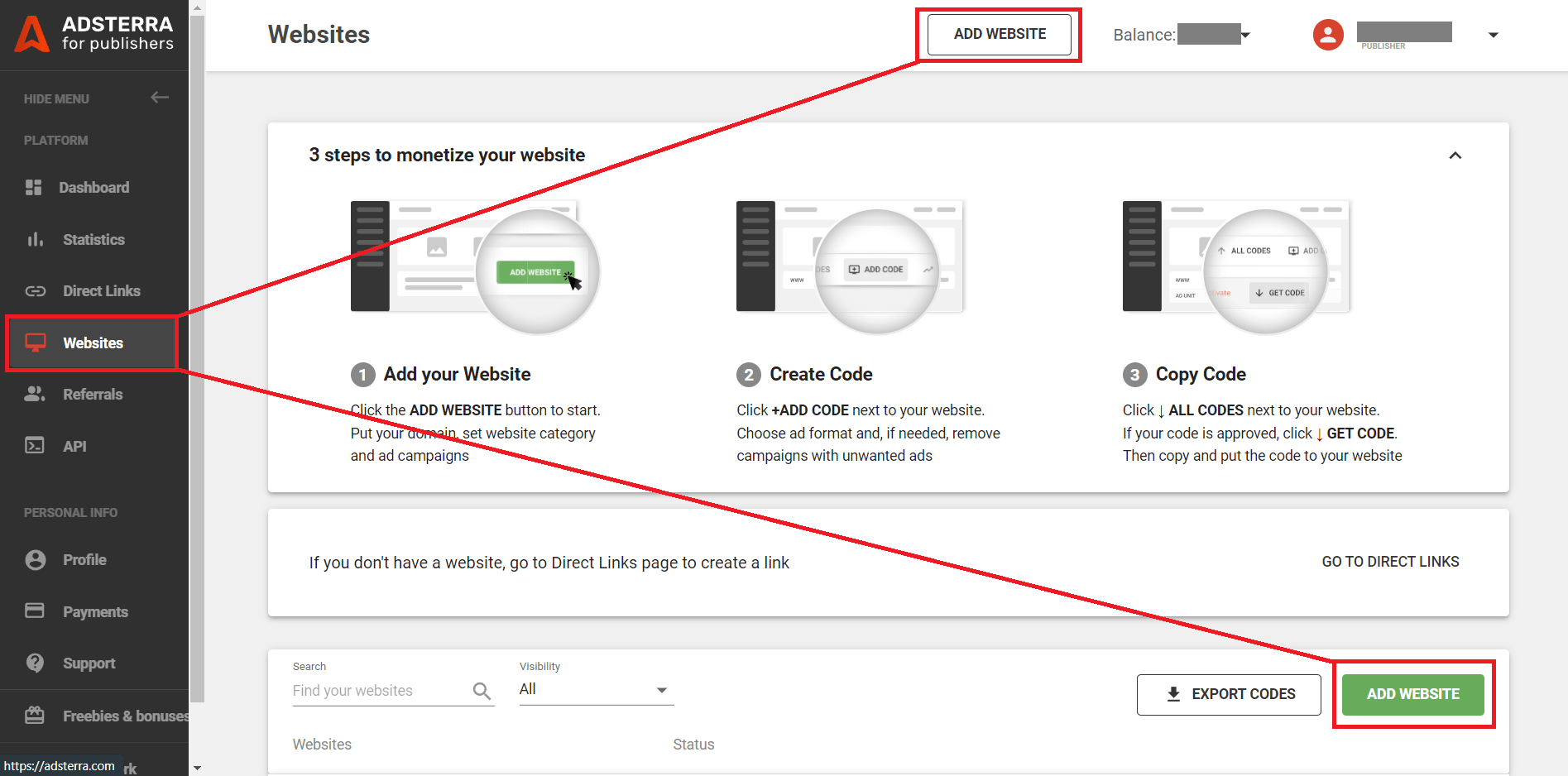 Aggiungi il tuo URL ad Adsterra per massimizzare le entrate del sito web