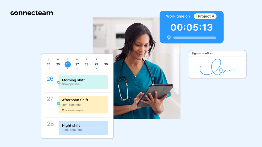 该图显示了 Connecteam 应用程序中医护人员的员工调度功能。