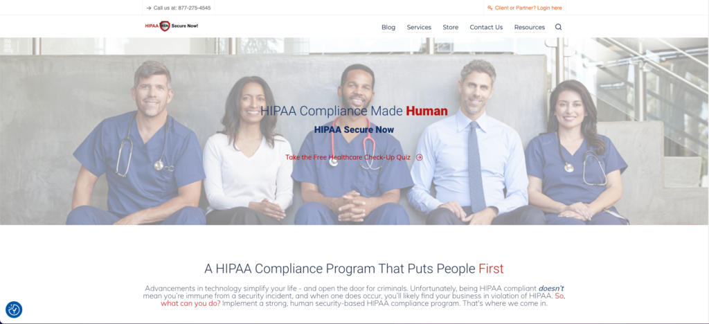 Capture d'écran de la page d'accueil HIPAA Secure Now