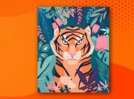 Harimau menatap orang dengan latar belakang bunga, melambangkan kemarahan dan balas dendam pelanggan.