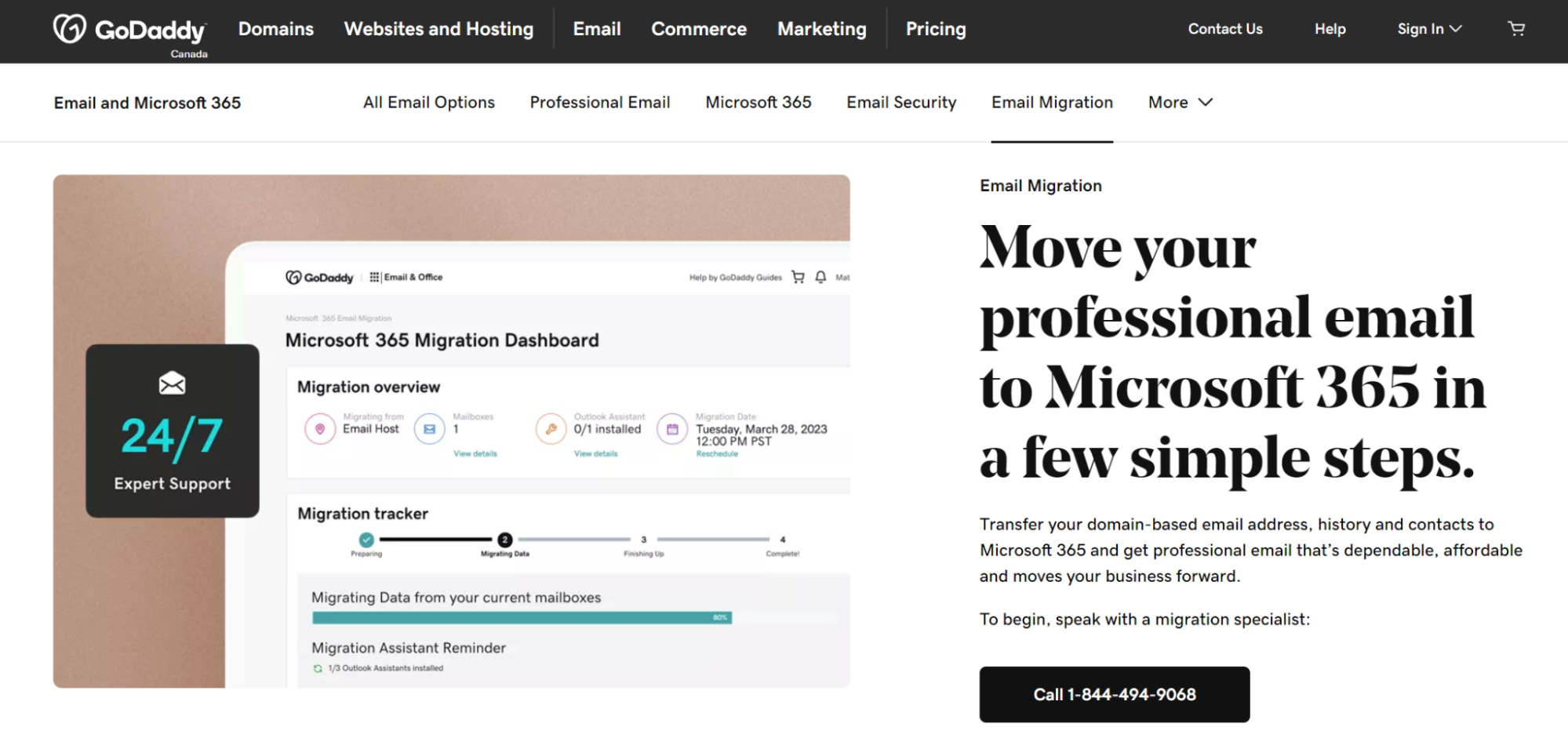Pagina de destinație a migrației pentru clienții care doresc să treacă de la GoDaddy la Microsoft 365