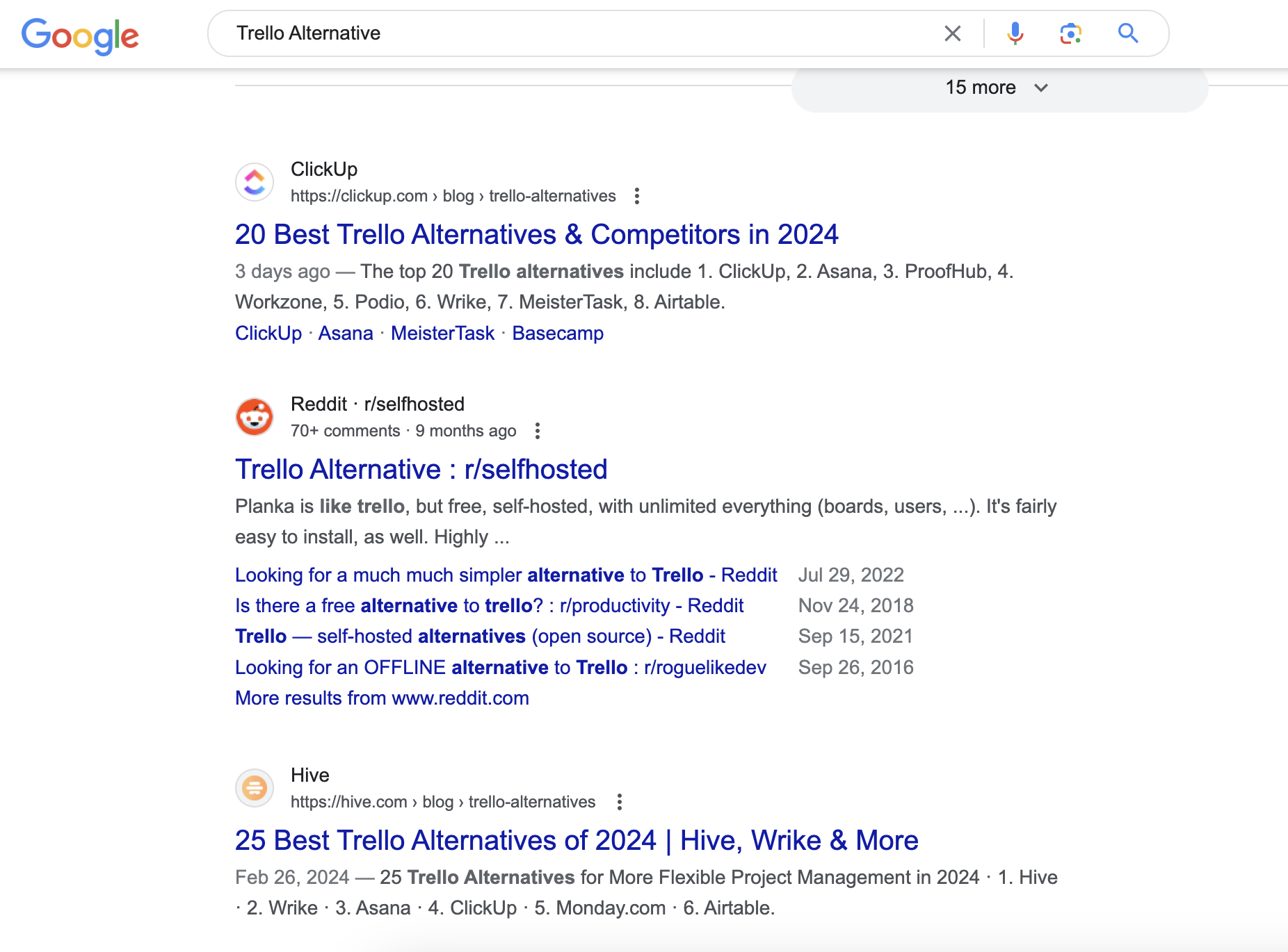 關於 Trello 替代方案的 Reddit 子版塊貼文也出現在該搜尋字詞的 SERP 中的顯著位置