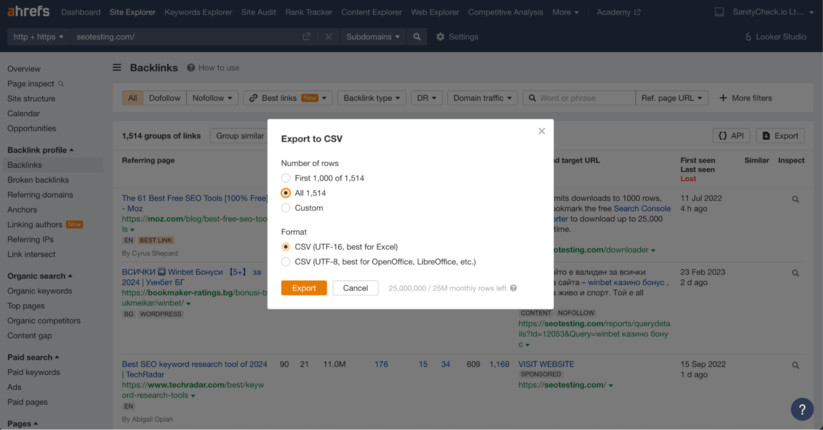 Zrzut ekranu przedstawiający interfejs pobierania raportów linków zwrotnych Ahrefs z podświetloną opcją eksportu do pliku CSV