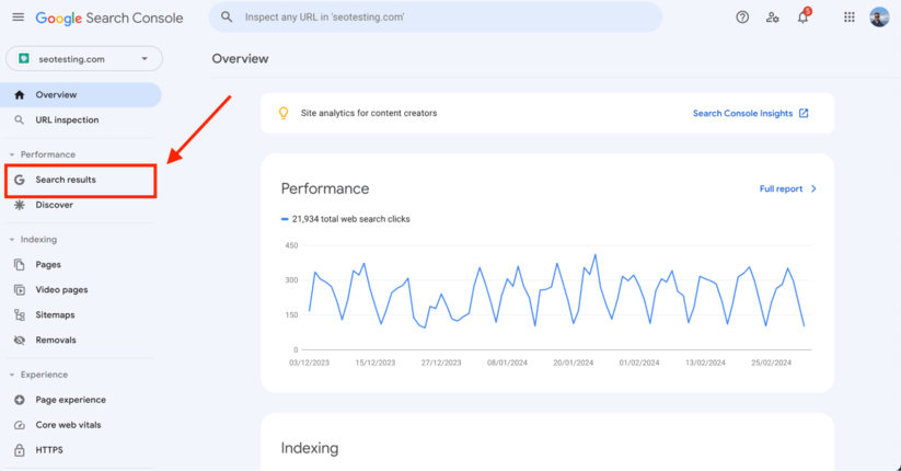 Imagem mostrando a visão geral do desempenho de pesquisa do Google Search Console