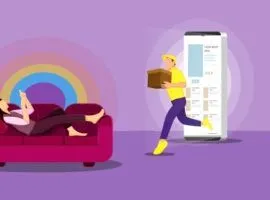 ilustrasi seorang wanita dengan ponsel tergeletak di sofa dan seorang pengantar barang mendekat membawa sebuah paket, mewakili perdagangan berlangganan. Ilustrasi einer Frau mit einem Mobiltelefon, die auf einem Sofa liegt, dan einem Zusteller, der sich mit einem Paket nahert, adalah Personalisierung im Handel darstellen soll.