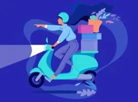 Ilustración de una mujer conduciendo un ciclomotor y entregando paquetes, representando la experiencia de entrega.