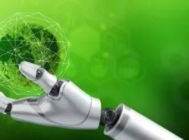 Una mano de robot sostiene un planeta verde, lo que ilustra la remanufactura.