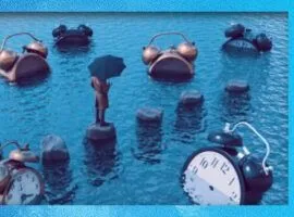 2024 年の最高の顧客サービス ブランドを表す、傘を持った男性が水中の岩の上に立ち、目覚まし時計が周囲を囲んでいるイラスト。