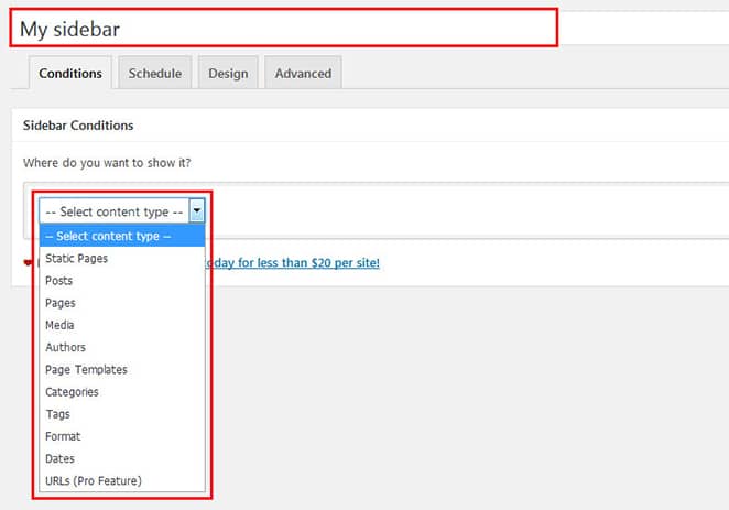 imposta i miei suggerimenti sulla barra laterale barra laterale diversa per i post e le pagine di wordpress