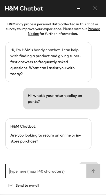 Müşteri hizmetleri sohbetinin ekran görüntüsü