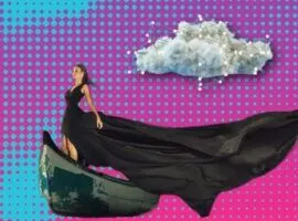 ボートに乗る黒いドレスを着た女性。空にはデータ ライトのある雲があり、さまざまなタイプのクラウド コンピューティングを表しています。