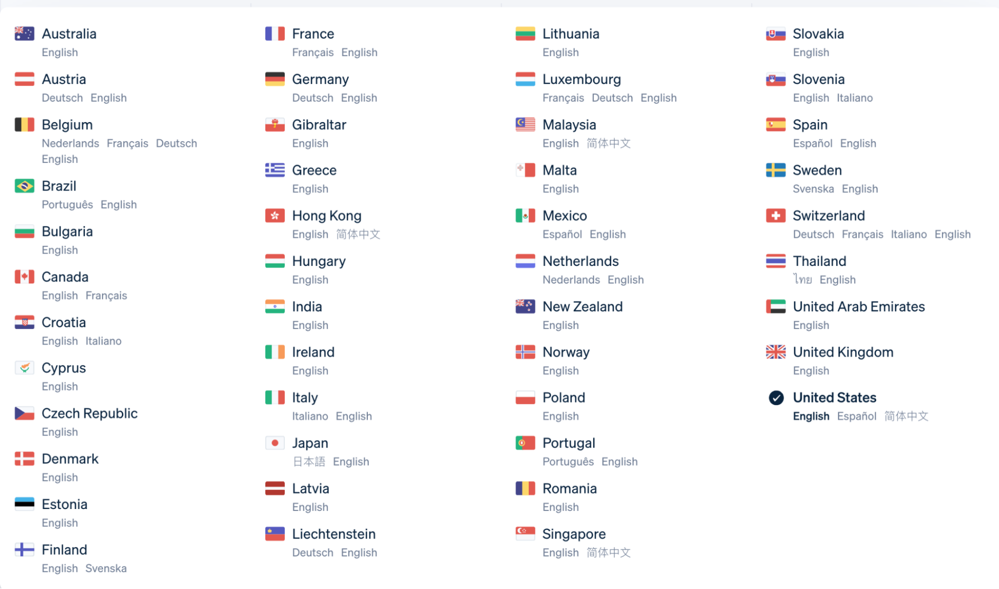 Stripe 網站提供的語言列表