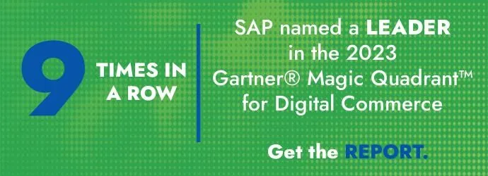 SAP가 2023년 Gartner Magic Quadrant 디지털 상거래 부문 리더로 선정되었음을 알리는 텍스트입니다. 이미지를 클릭하시면 보고서에 접근하실 수 있습니다.