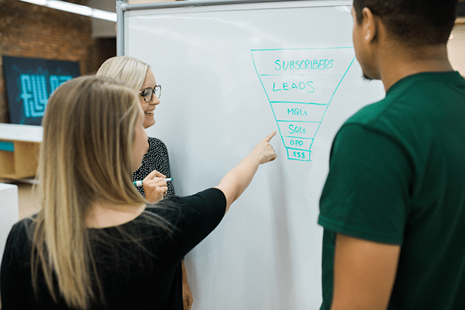 equipe de vendas do volante e sucesso do cliente trabalhando através do funil de marketing e da estrutura do volante no quadro branco