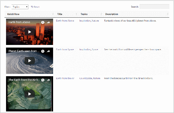 tabele dinamice în wordpress cu fișiere video în captură de ecran