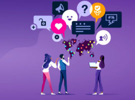 吹き出しを見上げている 3 人の従業員による顧客サービスの種類を表す図