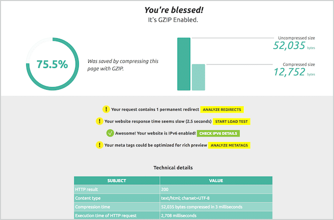 cum să accelerezi site-ul wordpress cu compresie gzip Captură de ecran a instrumentului de compresie GZIP