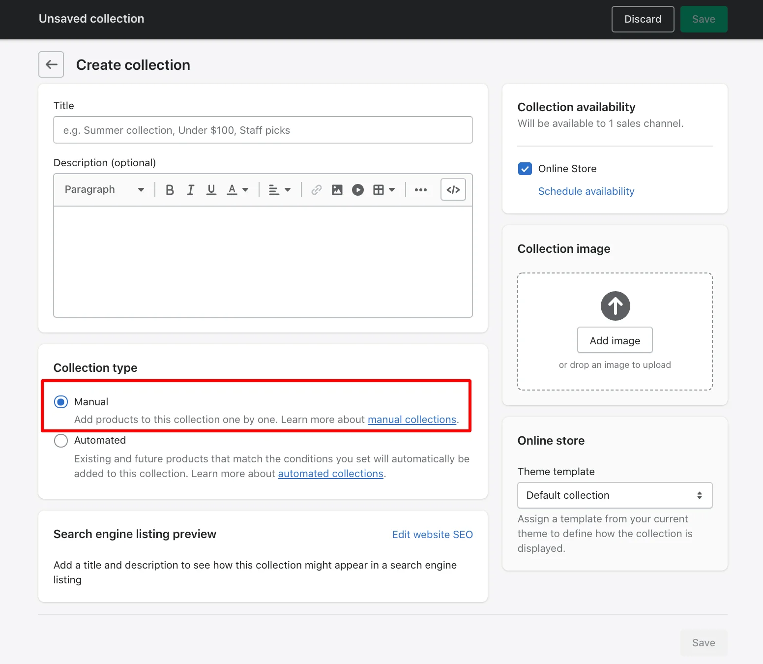 Shopify impuesto sobre las ventas: crear una colección