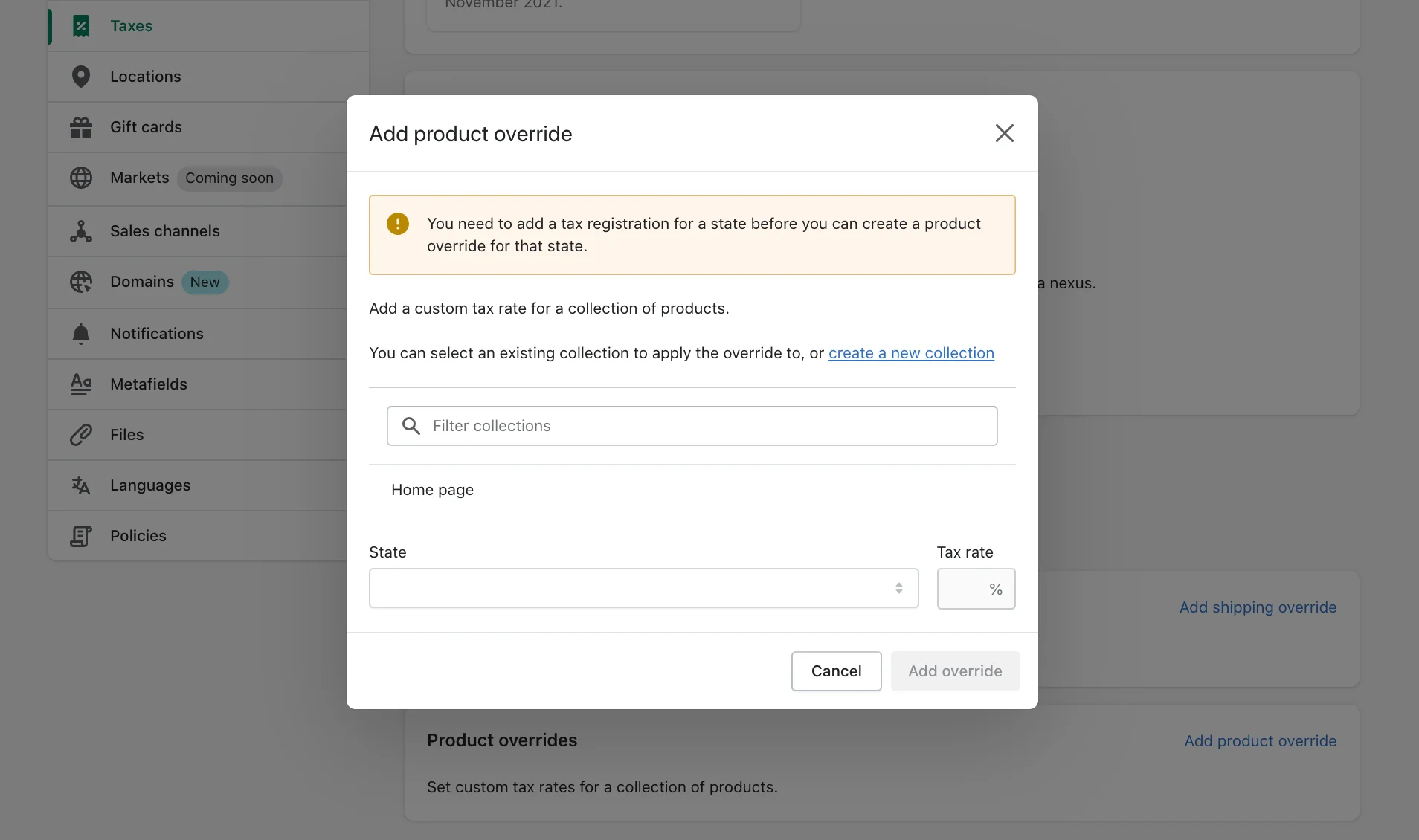 Shopify impuesto sobre las ventas: crear anulación de impuestos