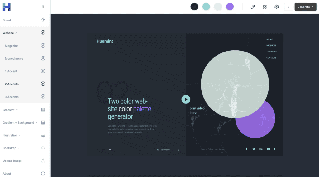 Huemint ユーザー インターフェイスと 4 色の Web サイトの例
