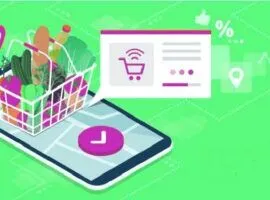 Illustration eines mobilen Geräts mit Lebensmitteln und sozialen Symbolen rundherum, das den Omnichannel-Lebensmitteleinkauf darstellt.