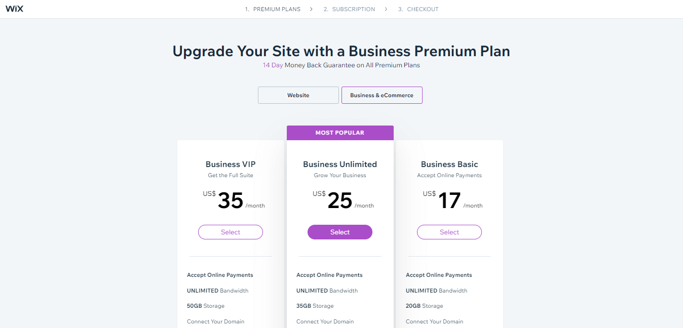 Ulasan Wix: Paket harga Wix