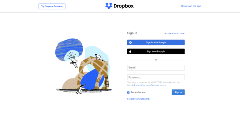 สกรีนช็อตของหน้าเข้าสู่ระบบของ Dropbox ที่มีผลงานศิลปะนามธรรมสีน้ำเงินทางด้านซ้าย