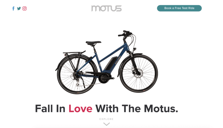 ภาพหน้าจอของหน้าแรกสีขาวที่มีจักรยานเป็นจุดโฟกัสที่กึ่งกลางของหน้า