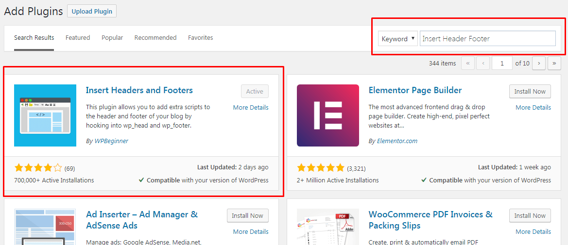Come aggiungere codice di intestazione e piè di pagina in WordPress? (3 semplici passaggi) Step 2 Plugin Store
