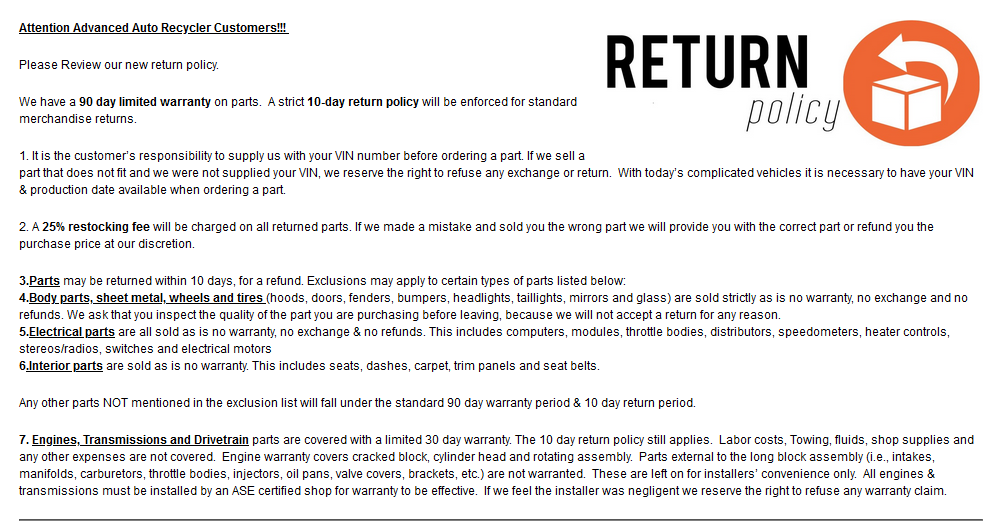 高级汽车回收商退货政策