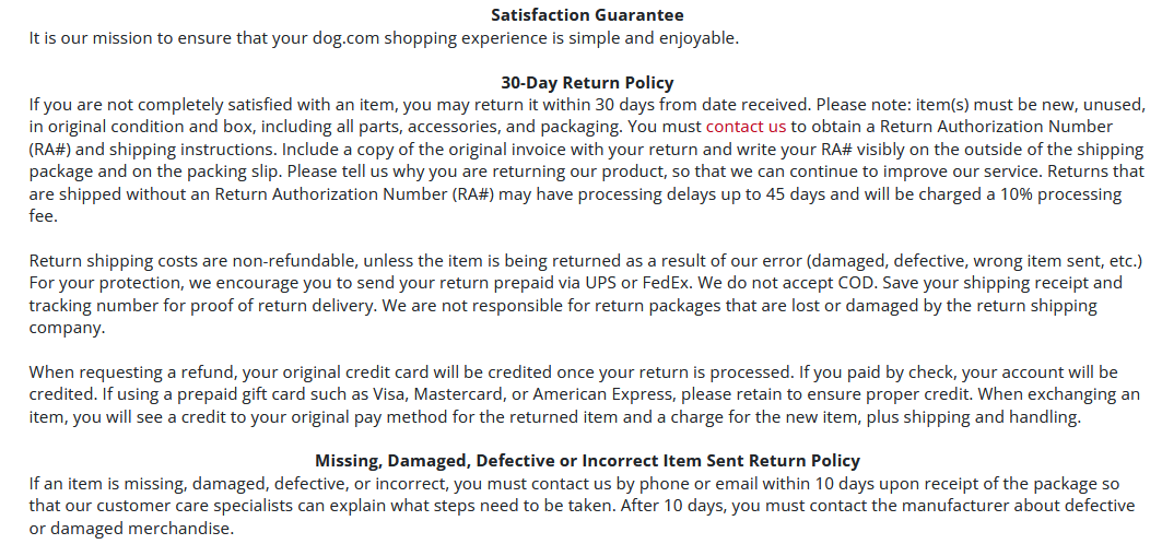 Dog.com 退货政策