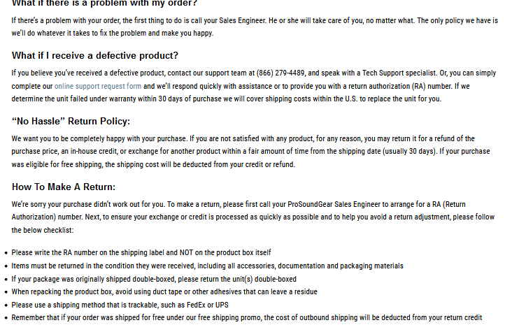 Prosoundgear 退货政策