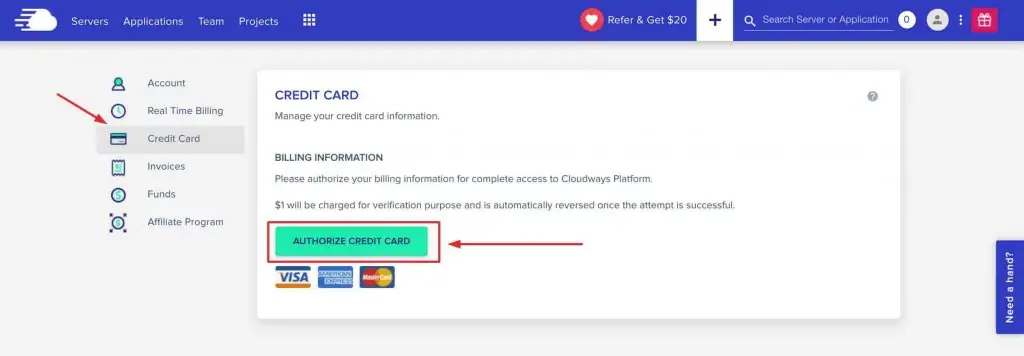 cloudways credit card page