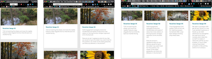 Imagine a cardurilor care se afișează diferit pe diferite ecrane (un card se afișează pe mobil, două pe tabletă și patru pe ecranul desktop)