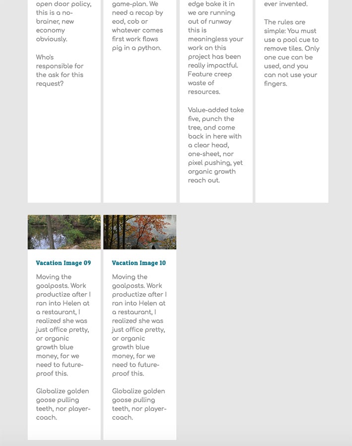 Această vizualizare arată cele două rânduri cu patru cărți deasupra și ultimul rând cu ultimele două cărți pe un site în prima și a doua poziție