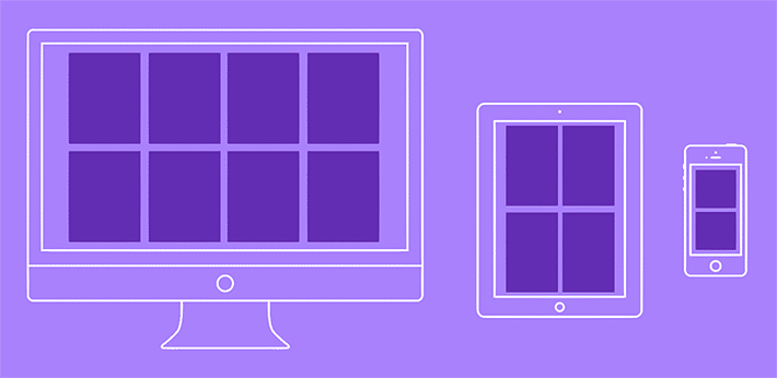 Ilustrație a modului în care cardurile de conținut Flexbox apar pe desktop, tablete și dispozitive mobile