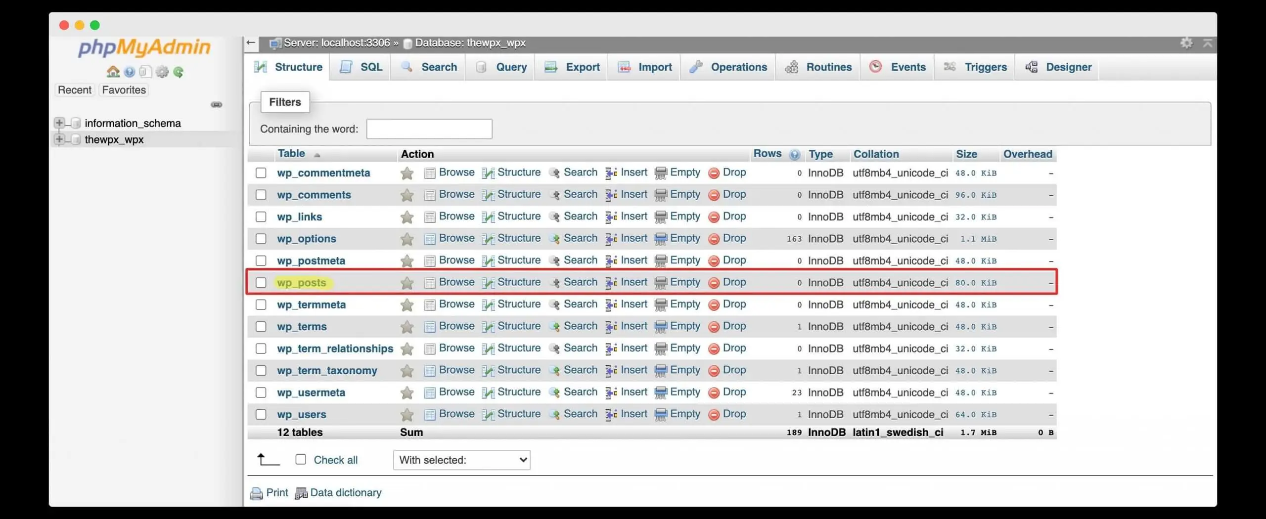 Find the table named “wp_posts” in SQL