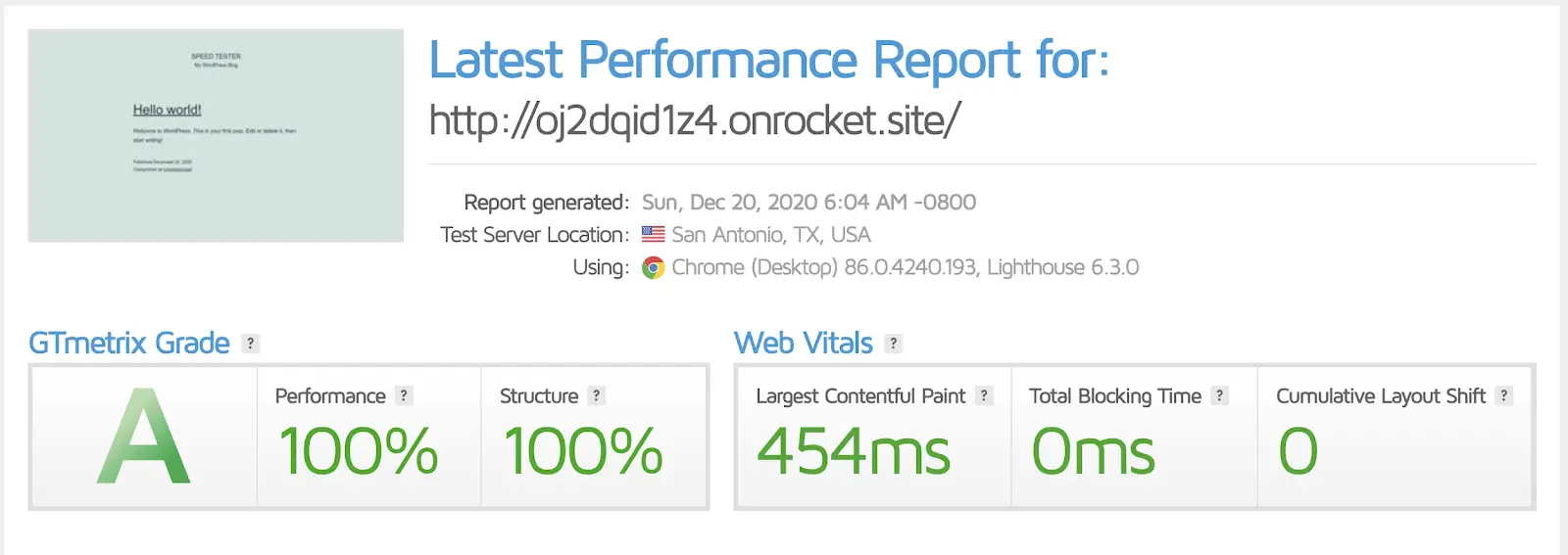 GTMetrix Score - Rocket.net
